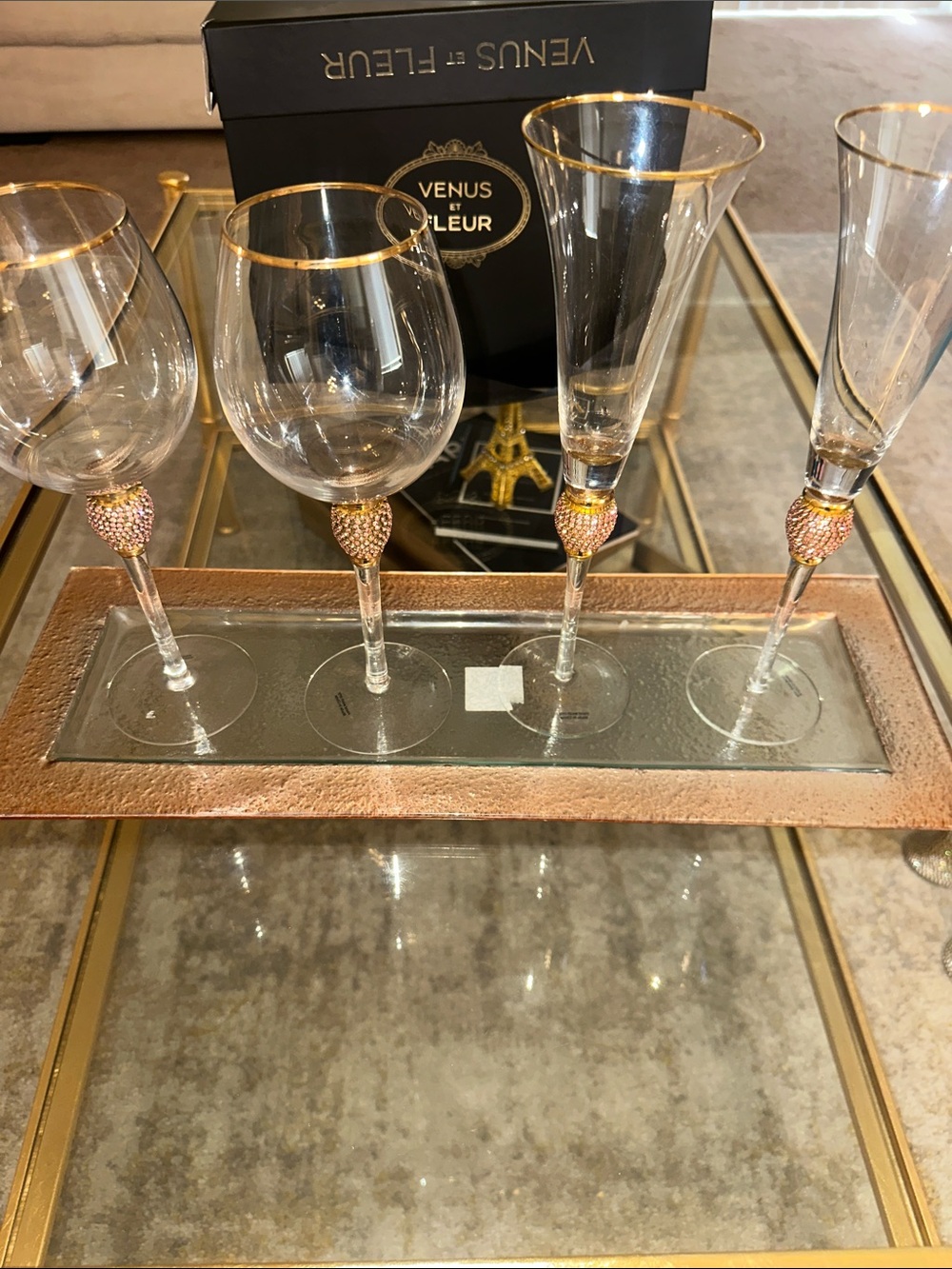 Pink & Gold Rhino Trim Crystal Wine Glasses - Set